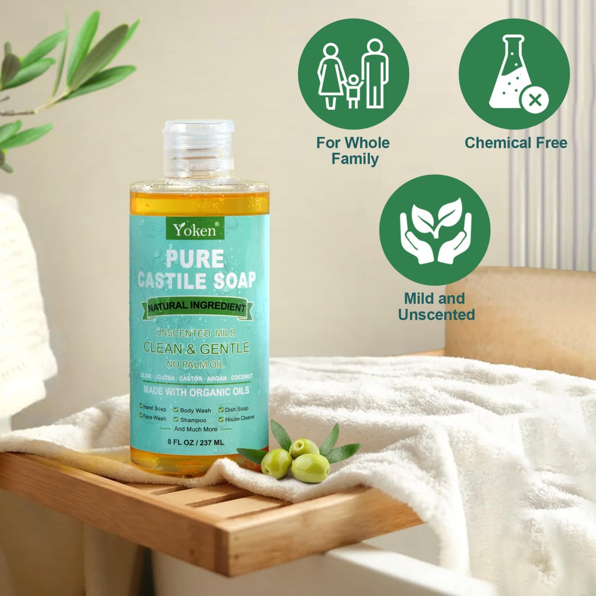 Yoken Pure Castile Liquid Soap Organic (EWG Verified, Unscented, 8 OZ), Made with Organic Oils, No Added Fragrance, Vegan, Castile Soap Liquid for Face - PrimeBioHealth - canada supplements