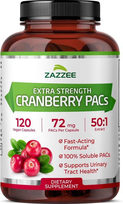Zazzee Cranberry PACs 72 mg per Capsule, 50:1 Extract, 120 Vegan Capsules, 2X Strength, 4 Month Supply, Fast-Acting, Effective Urinary Tract & Bladder Support, 100% Soluble PACs, Made in the USA - PrimeBioHealth - canada supplements