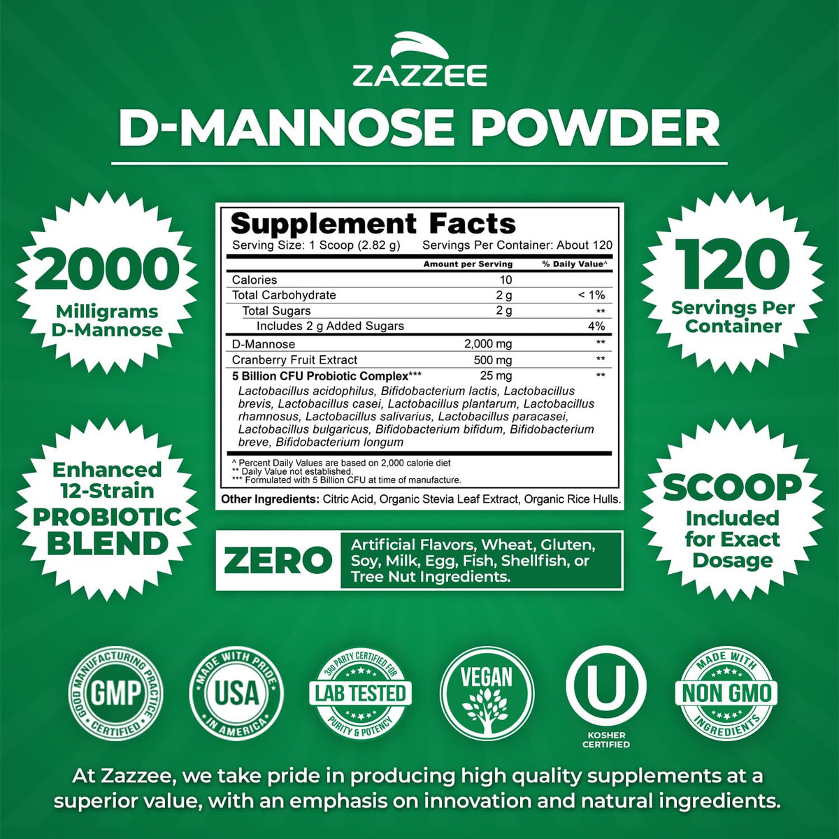 Zazzee D-Mannose Powder Plus, 2000 mg, 67 Servings, Plus 5 Billion CFU Probiotics and Pure Cranberry Juice Extract, Certified Kosher, Free Scoop, 6.67 oz, Urinary Tract Support, Non-GMO, All-Natural - PrimeBioHealth - canada supplements