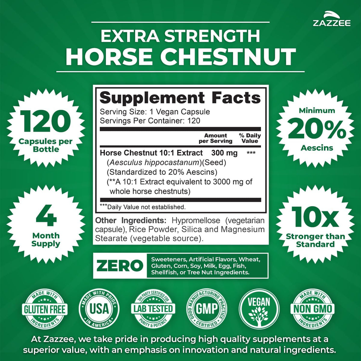 Zazzee Extra Strength Horse Chestnut 10:1 Extract, 20% Aescins, 120 Vegan Capsules, 4 Month Supply, Aesculus Hippocastanum, Healthy Circulation & Blood Flow Support, Non-GMO, Made in the USA - PrimeBioHealth - canada supplements
