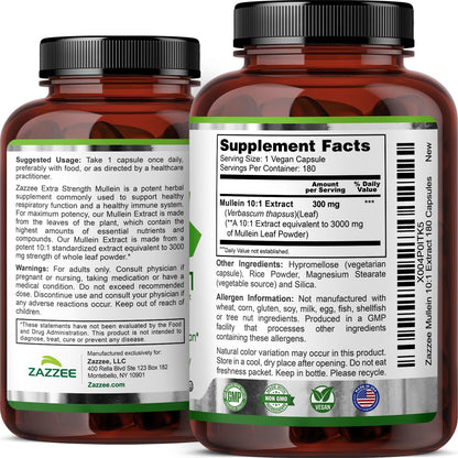 Zazzee Extra Strength Mullein Leaf 10:1 Extract, 120 Vegan Capsules, 4 Month Supply, Verbascum Thapsus, Respiratory & Lung Support, Certified Kosher, 100% Pure Leaf Powder, Non-GMO, Made in the USA - PrimeBioHealth - canada supplements