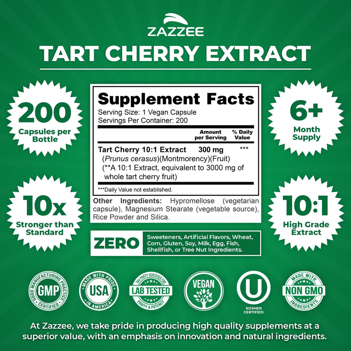 Zazzee Tart Cherry 10:1 Extract, 200 Vegan Capsules, 6+ Month Supply, Montmorency Cherry, Certified Kosher, Joint & Uric Acid Support, Antioxidant Support Formula, Non-GMO, Made in the USA - PrimeBioHealth - canada supplements
