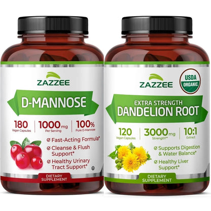 Zazzee Urinary Tract Cleanse & Detox Bundle | USDA Organic Dandelion Root Extract Capsules Plus D-Mannose 1000mg Capsules for UT & Bladder Cleansing - PrimeBioHealth - canada supplements