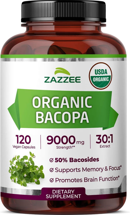 Zazzee USDA Organic Bacopa 30:1 Extract, 50% Bacosides, 120 Vegan Capsules, 4 Month Supply, Bacopa Monnieri, Cognitive, Brain & Memory Support, Non-GMO, Organic Herbal Supplement, Made in the USA - PrimeBioHealth - canada supplements