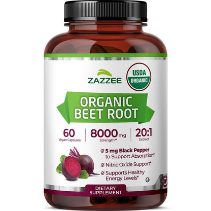 Zazzee USDA Organic Beet Root 20:1 Extract, 120 Vegan Quick Release Capsules, 4 Month Supply, Nitric Oxide Support, Black Pepper Extract for Enhanced Absorption, Certified Kosher, Non-GMO, Made in USA - PrimeBioHealth - canada supplements
